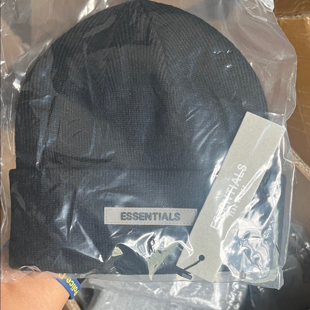 ESSENTIALS Black Ribbed Knit Beanie with Logo Patch